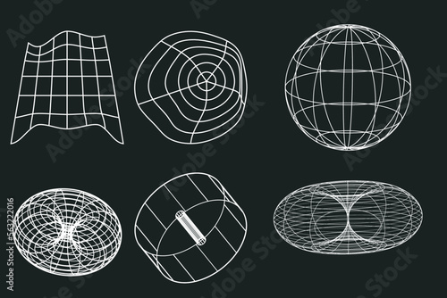 Set of wireframe geometric shapes in various shapes on a white background. Geometric shape of black lines. Polygonal shape, wave wireframe, wave globe, vector suitable for element design