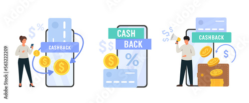 Vector illustration of mobile cashback service concept. People characters receiving money, refund on credit card. Set of cash back app services.