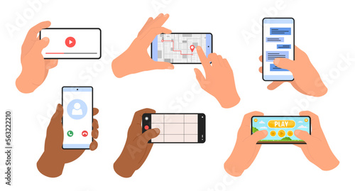 Vector illustration of set hands holding mobile phones. People handling with smartphone. Mobile app, mobli games, chatting, watch video.