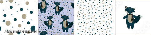 A set of seamless patterns and animal figurines.