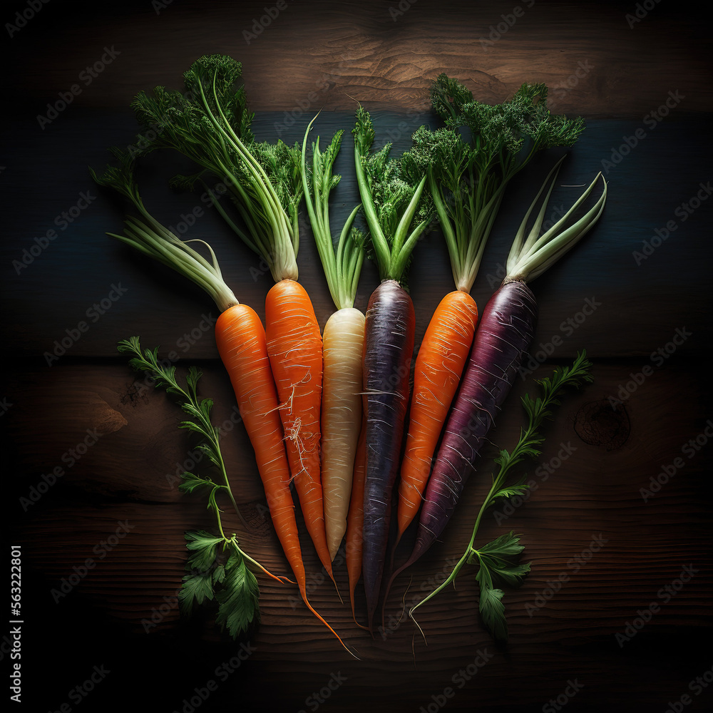 different colored carrots lying on the table  Generative AI - obrazy, fototapety, plakaty 