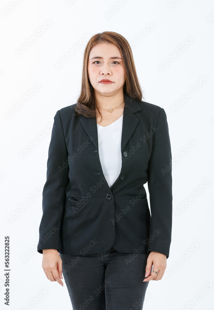 Portrait isolated cutout studio full body shot of Asian confident female professional successful businesswoman in formal black suit high heels standing post look at camera on white background Portrait isolated cutout studio full body shot of Asian confident female professional successful businesswoman in formal black suit high heels standing post look at camera on white background