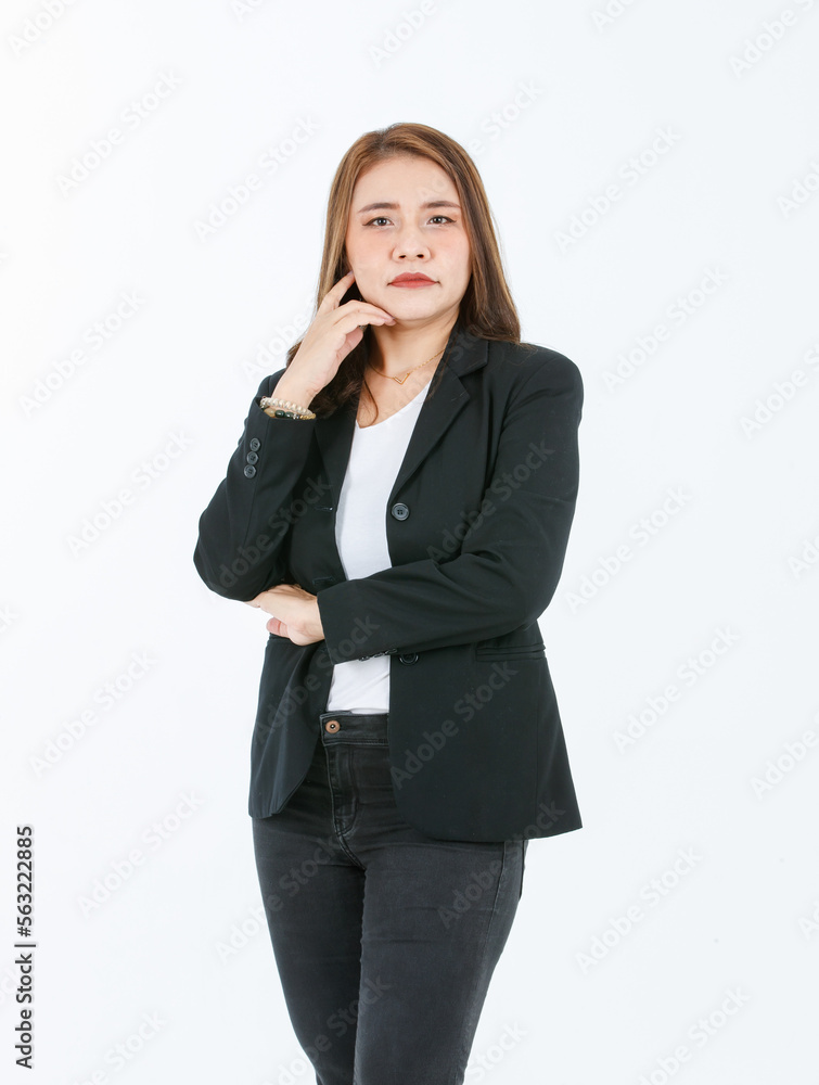 Portrait isolated cutout studio full body shot of Asian confident female professional successful businesswoman in formal black suit high heels standing post look at camera on white background Portrait isolated cutout studio full body shot of Asian confident female professional successful businesswoman in formal black suit high heels standing post look at camera on white background