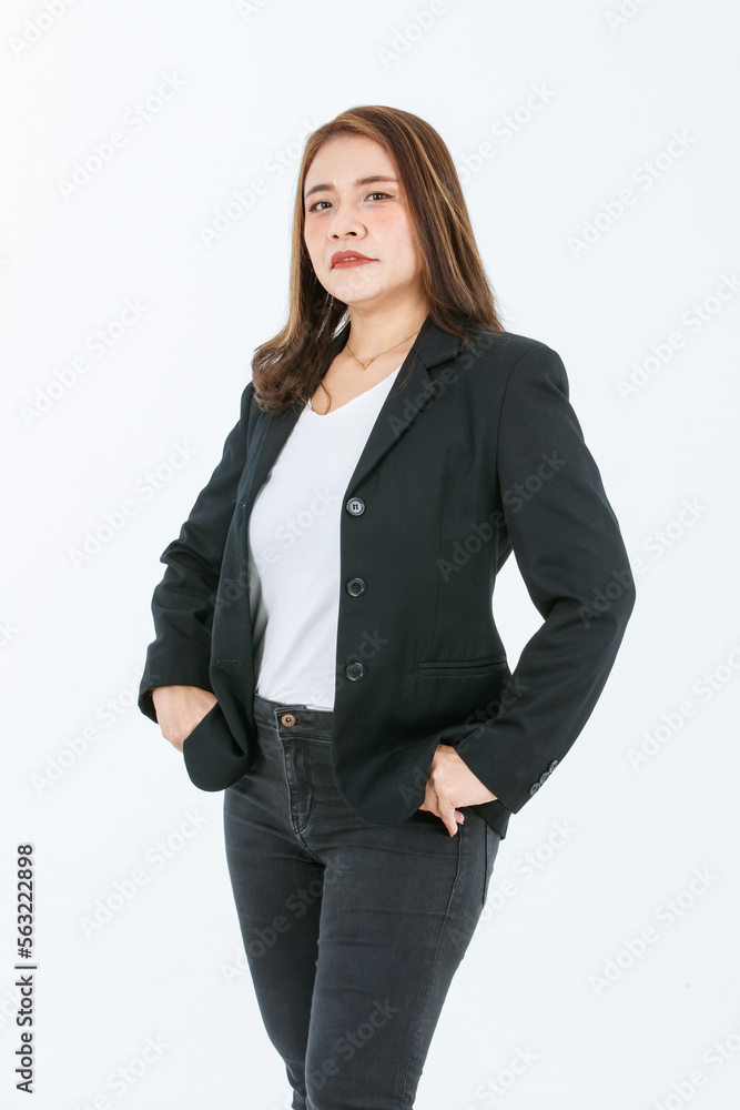 Portrait isolated cutout studio full body shot of Asian confident female professional successful businesswoman in formal black suit high heels standing post look at camera on white background Portrait isolated cutout studio full body shot of Asian confident female professional successful businesswoman in formal black suit high heels standing post look at camera on white background