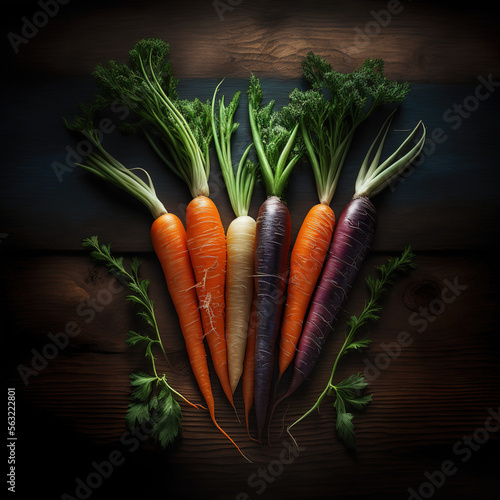 different colored carrots lying on the table  Generative AI