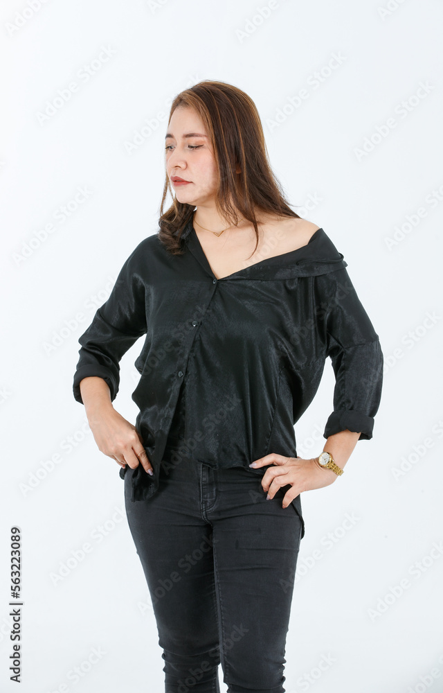 Portrait isolated cutout studio shot Asia cheerful sexy female fashionable model in casual black outfit open shoulder and high heels standing post look at camera on white background Portrait isolated cutout studio shot Asia cheerful sexy female fashionable model in casual black outfit open shoulder and high heels standing post look at camera on white background