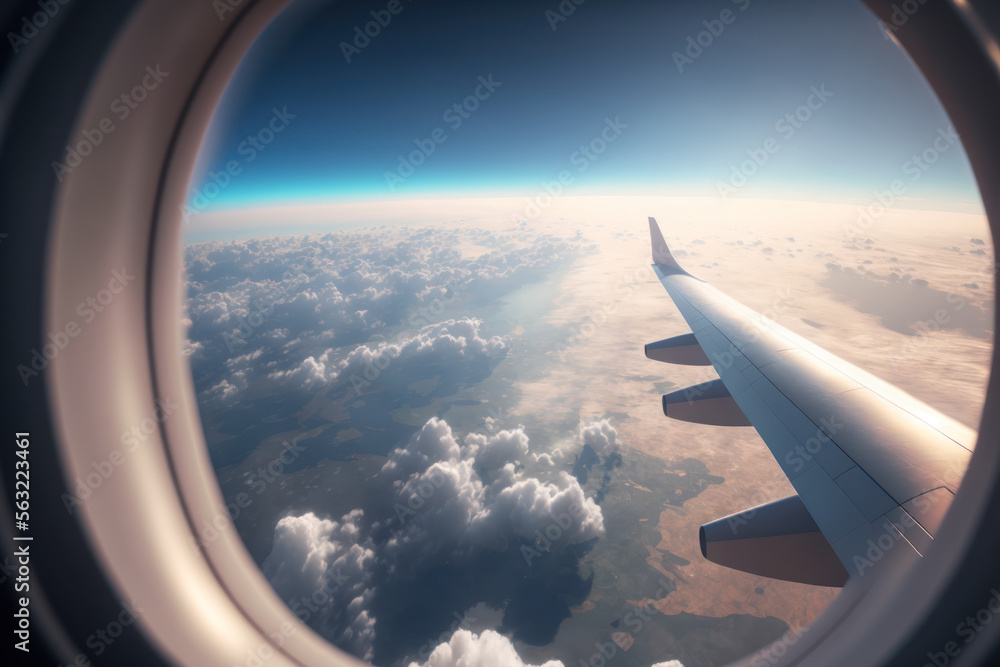 Obraz premium Beautiful view of sky from airplane window background. Generative ai.