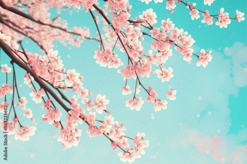 Obraz premium Beautiful cherry blossom or sakura tree branches on blue sky with copy space background in spring season. Illustration graphic design generative ai.