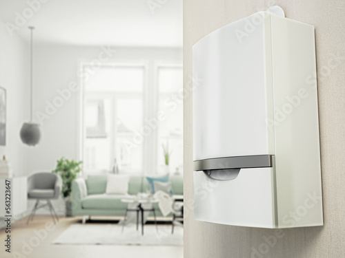 Combi boiler on the wall with contemporary living room view on the left. 3D illustration photo