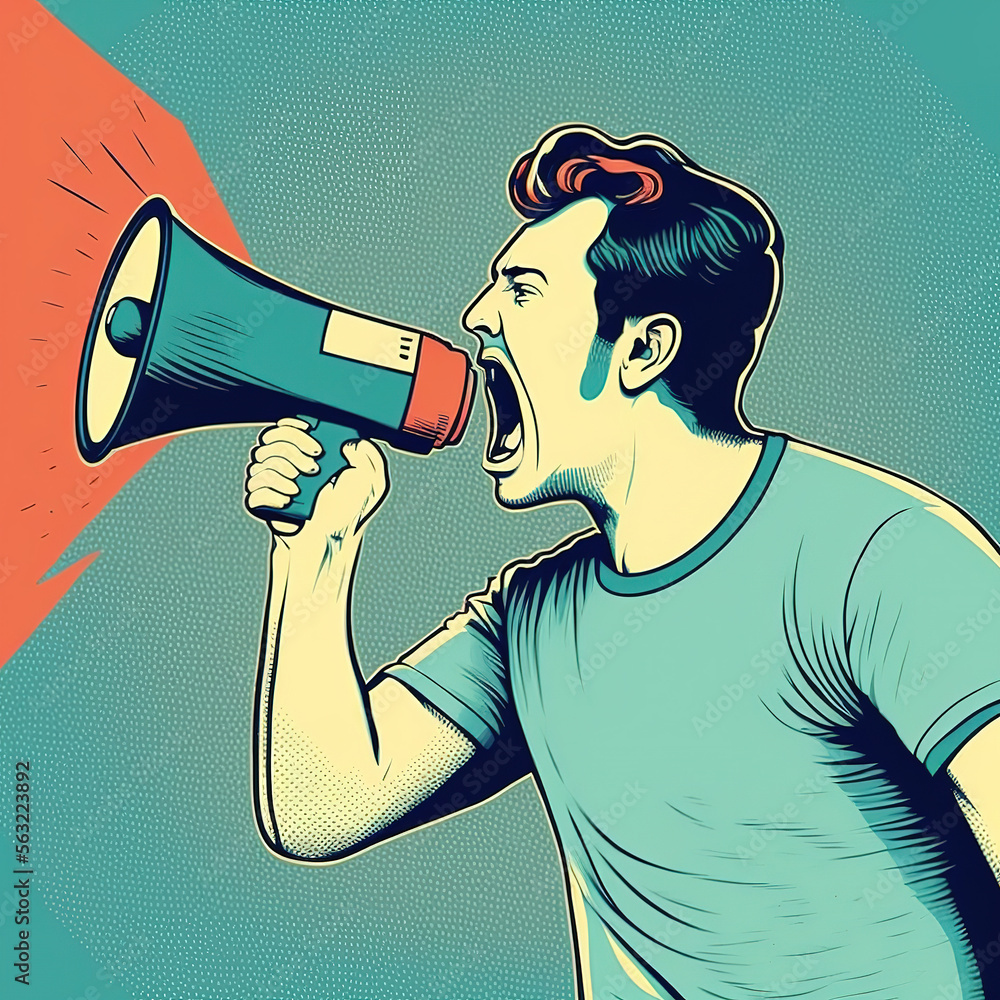 poster, illustration of a man screaming with megaphone. Generative AI - obrazy, fototapety, plakaty 