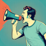 poster, illustration of a man screaming with megaphone. Generative AI