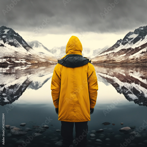 man in a yellow jacket admiring a mountain lake, generative AI 