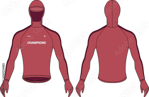 Long sleeve Compression running base layer top t shirt with thumb hole and Hood face cover design flat sketch illustration, Sports jersey Active wear compression top concept with front and back view