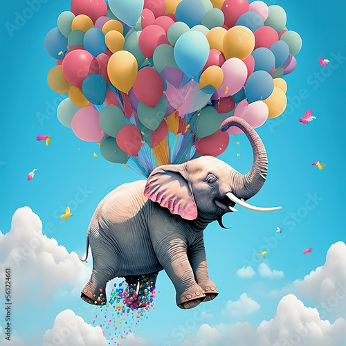 elephant floated by balloons Generative AI