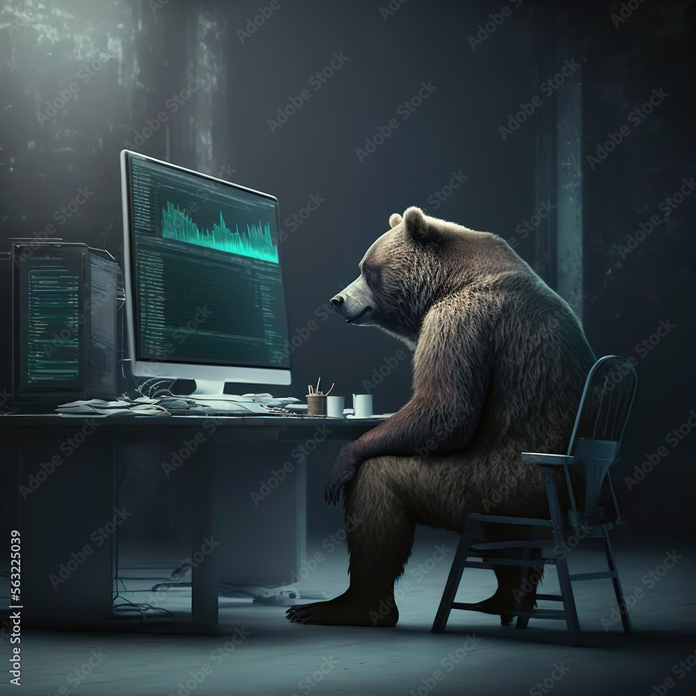 business bear, works at computer, stock market, Generative AI - obrazy, fototapety, plakaty 