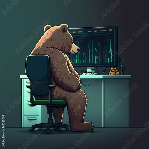 business bear, works at computer, stock market, Generative AI