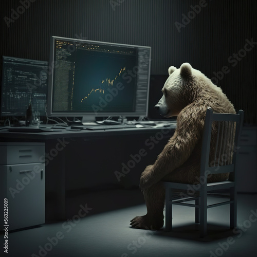 business bear, works at computer, stock market, Generative AI