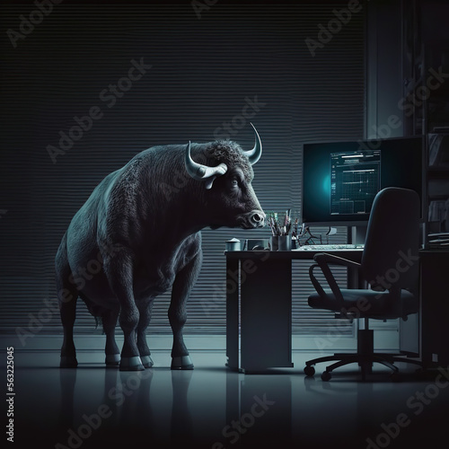 business bull, works at computer, stock market, Generative AI
