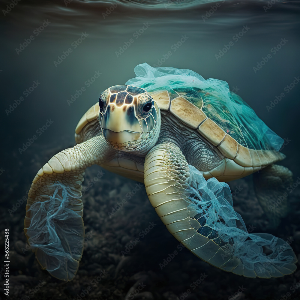 Plastic pollution in ocean environmental problem. Turtle eat plastic bags mistaking them for jellyfish. Generative AI - obrazy, fototapety, plakaty 