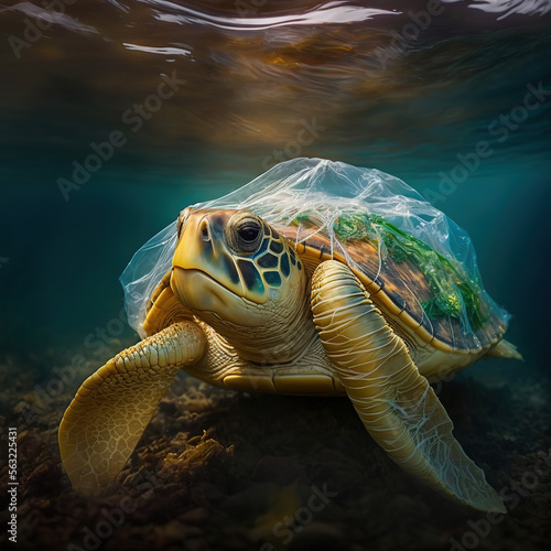 Plastic pollution in ocean environmental problem. Turtle eat plastic bags mistaking them for jellyfish. Generative AI