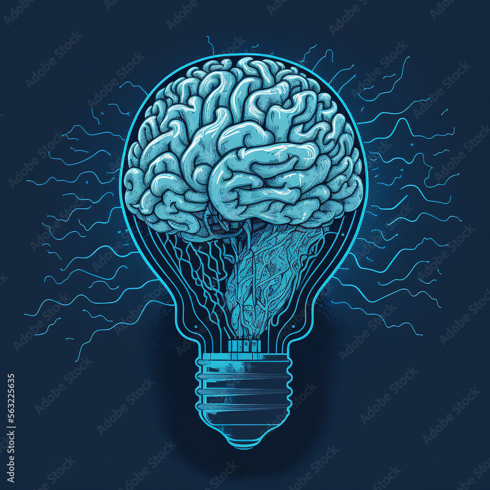  brain in light bulb. idea and creativity. Generative AI - obrazy, fototapety, plakaty 