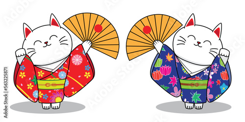 Japanese lucky cat called Maneki Neko dress in red and blue Kimono with flower pattern holds folding fan mean good luck and rich drawing  in cartoon vector