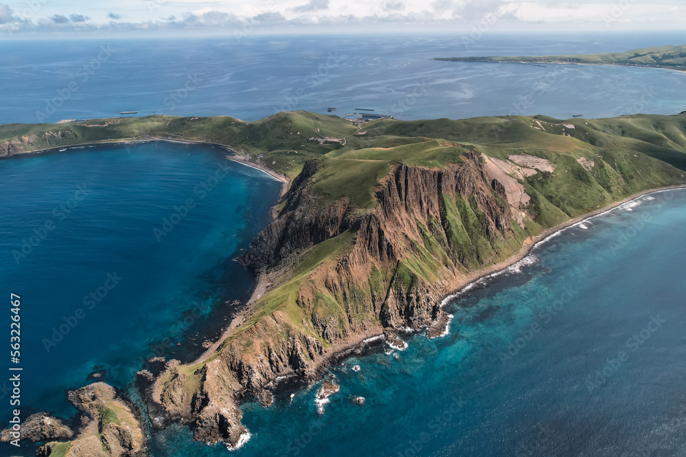 Aerial view of an island in Rebun Island, Hokkaido Japan
