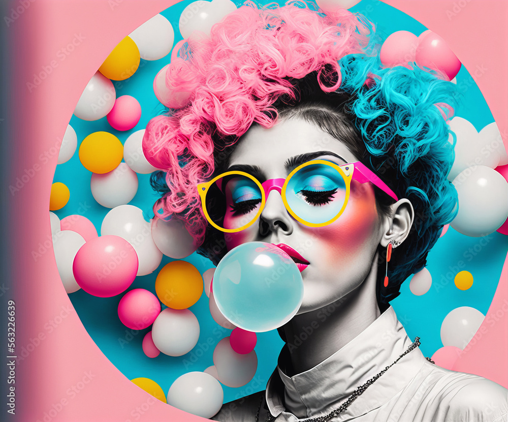 Stockillustratie Fashion girl with bubble gum bubble. 80s retro