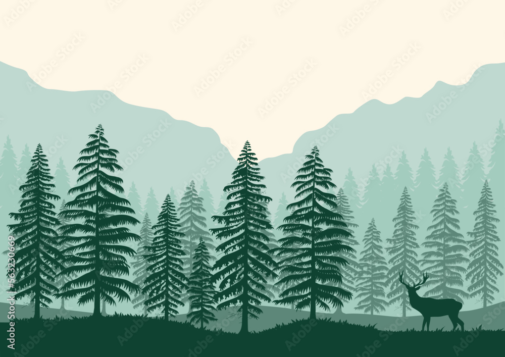 Fototapeta premium forest landscape and wolf vector illustration.
