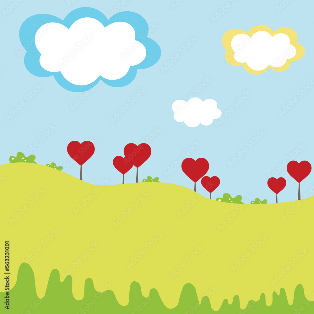 Greeting card of heart trees in the flower field ,concept of love and Valentine's Day. Paper cut cloud Vector illustration