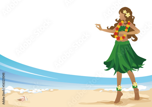 Schilderij op canvas Hula girl in Hawaiian costume hula dance standing with Hawaiian blue ocean