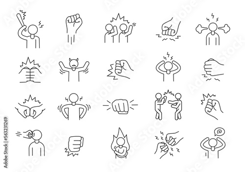 Fototapeta Naklejka Na Ścianę i Meble -  Angry people fight. Fist punch. Thin line symbols. Frustrated persons. Crazy stress icons. Aggressive or anger man yell. Strength impact. Control of emotions. Vector recent pictograms set