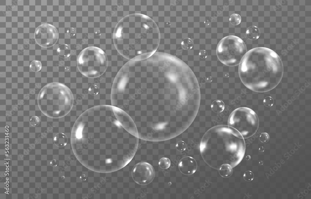 Transparent 3d water soap, foam air bubbles. Realistic circle wash balls drops, liquid reflection, dreamy glossy spheres. Laundry detergent. Vector abstract neoteric illustration