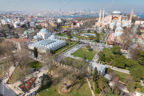High angle and close-up detailed view of Sultanahmet Square in Fatih district of Istanbul, Turkey on March 28, 2022. © tolgaildun