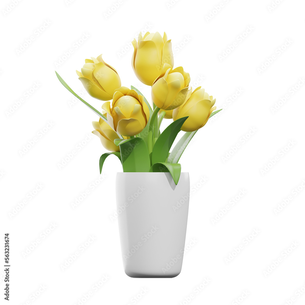 3D yellow tulips in vase isolated. 3D rendering