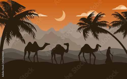 Saudi arab  old camels in desert. Arabian dunes and sand  history islam trade  adventure in caravan. Sahara safari  palms silhouette  night landscape. Vector illustration current background