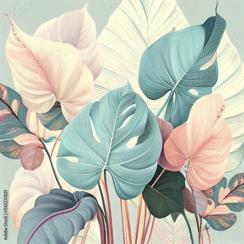 Elephant Ears, Alocacia,  Colocasia and palm leaves floral pattern, pastel colors. Generated by AI.