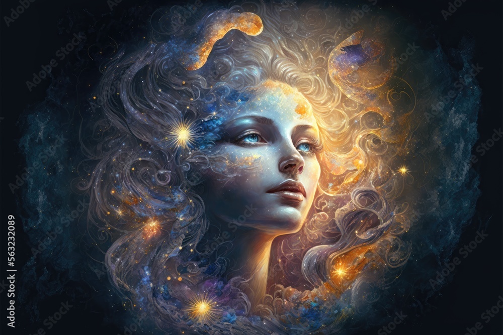 Astral european goddess of love floating through the universe with stars and nebula clouds Astral european goddess of love floating through the universe with stars and nebula clouds