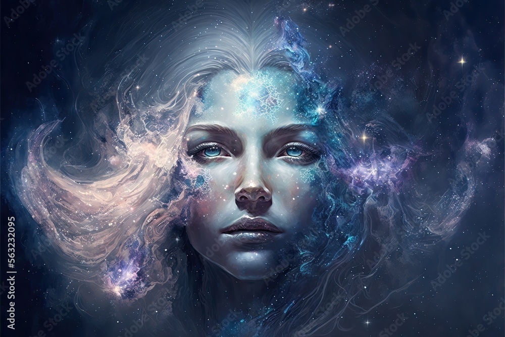 Generative AI astral european goddess of love floating through the universe with stars and nebula clouds Generative AI astral european goddess of love floating through the universe with stars and nebula clouds