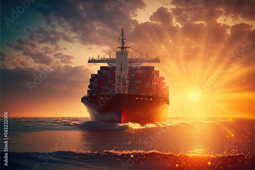 Generative AI awesome Cargo Ship transporting containers and Sailing In To The Sea, lens flare at beautiful sunset