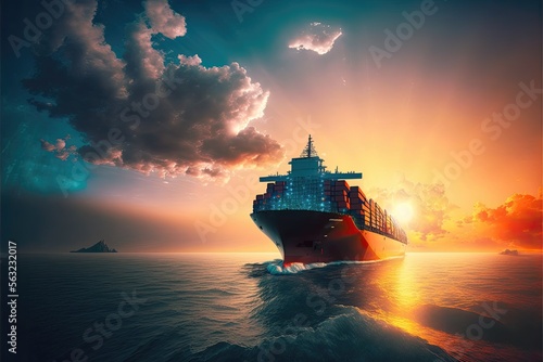 Generative AI awesome Cargo Ship transporting containers and Sailing In To The Sea, lens flare at beautiful sunset