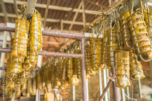 Focus Vietnamese Sticky Rice Cake (tet cake) hang in shelves after hard-boiled, Vietnamese traditional new year food. the most important food of Vietnamese lunar new year Tet.