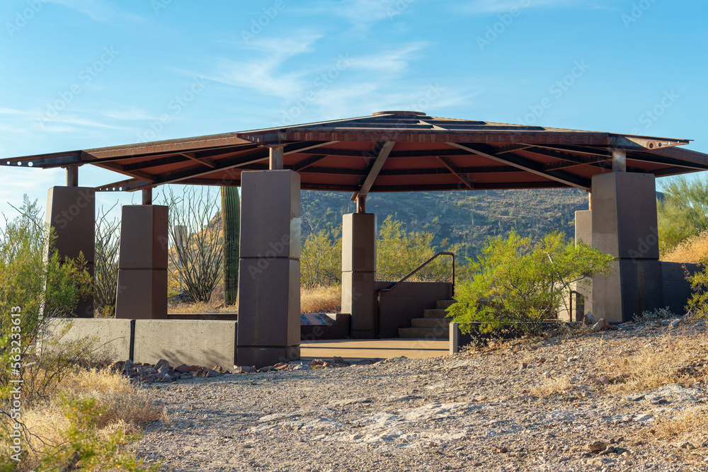 Concreate gazebo with tin metal roof in national park or in rural campground in a wilderness or forest area Concreate gazebo with tin metal roof in national park or in rural campground in a wilderness or forest area