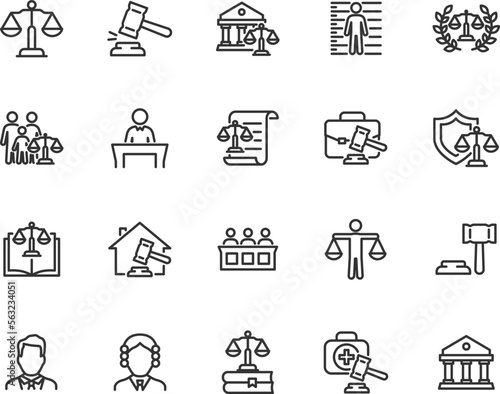 Vector set of law line icons. Contains icons justice, court, ethics, legal services, courthouse, lawyer, judge, criminal and more. Pixel perfect.