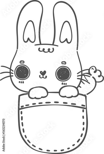 Happy smile Kawaii bunny rabbit in t shirt pocket cartoon doodle hand drawing outline for colouring
