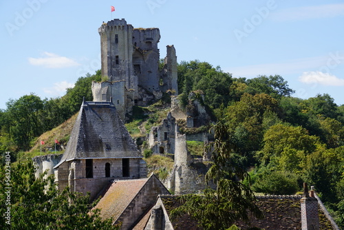 old stone ruins of a country castle above the village of Lavardin in France on a spring day