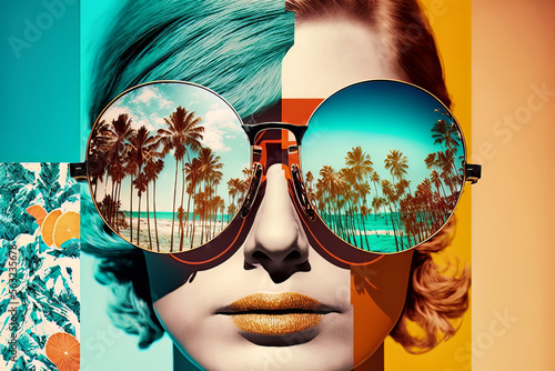 Fashion woman wearing sunglasses on the beach. 60s retro style collage. Illustration, Generative AI