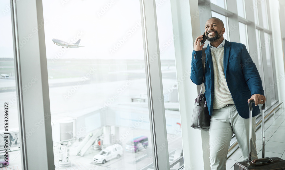 Businessman, phone call and luggage waiting at airport for travel, work trip or plain journey to country. Happy black man, employee or person with smile for communication before flight on smartphone - obrazy, fototapety, plakaty 