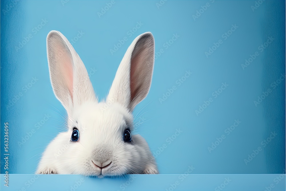 Fototapeta premium Cute easter rabbit sticking out green grass corner on blue background with empty space for text or product. Currious small bunny symbol of spring and easter