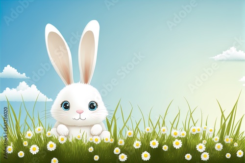 Cute easter rabbit sticking out green grass with daisy flowers corner on blue sky background with empty space for text or product. Currious small bunny symbol of spring and easter photo